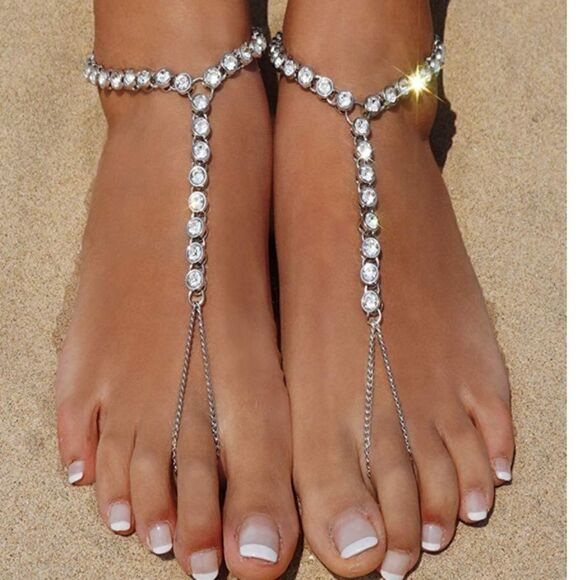 Silver and White Diamond Austrian Crystal Anklet Foot Chains - Set of 2 - Picture 1 of 6
